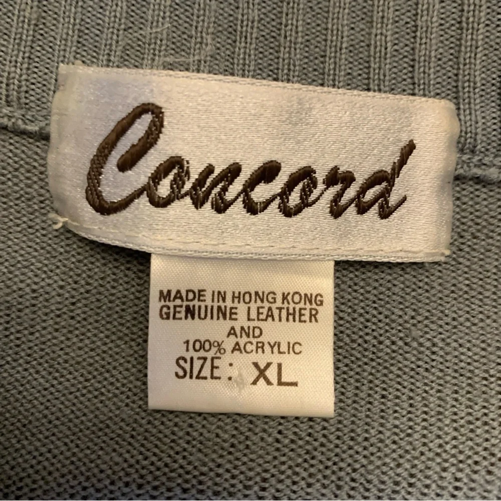 Vintage Concord Genuine Leather Trim Acrylic Knit Sweater V Neck Sz XL 70’s 80’l